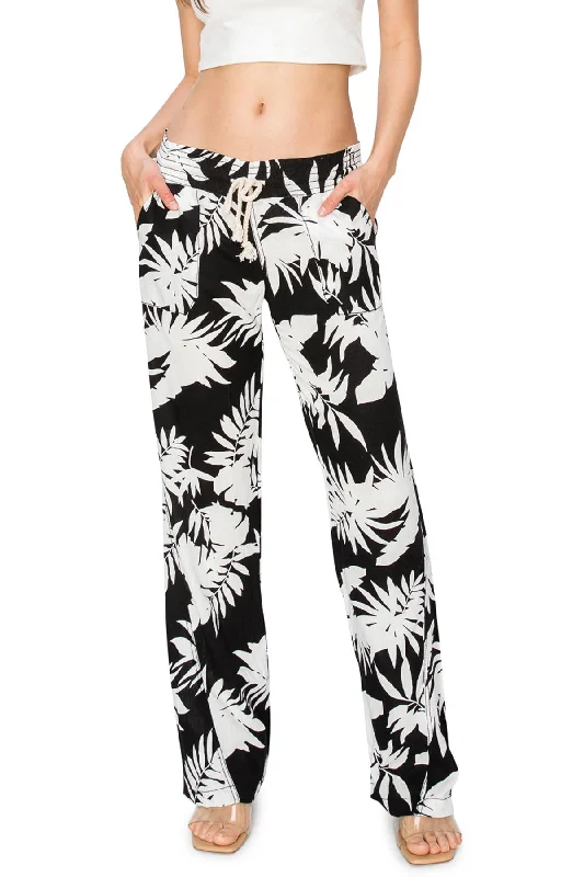 Linen Pants 32" Inseam Drawstring Smocked Waist Printed Beach Pants  - Black White