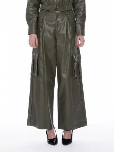 Metalic Denim Woven Cargo Wide-Leg Pants