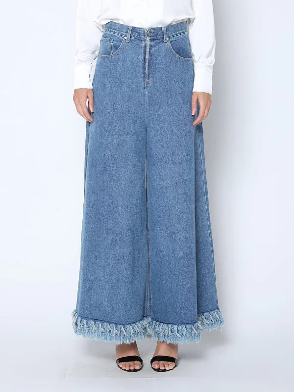 Frayed Raw Hem Wide Leg Slouchy Denim Pants