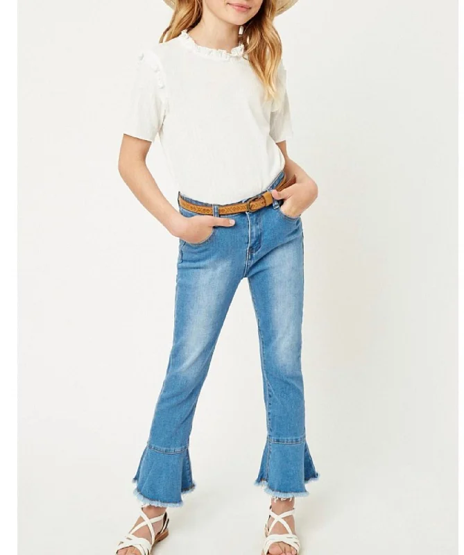 Girls Cropped Frill Flare Jeans In Denim