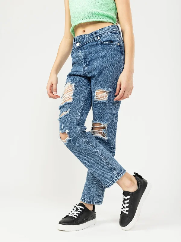 Girls Relaxed Fit Cross Over Button Fashion Jeans