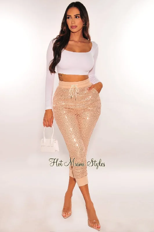 Rose Gold Sequins Drawstring Jogger Pants