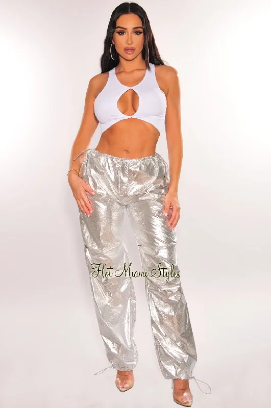 Silver Metallic Low Rise Snatched Drawstring Parachute Pants