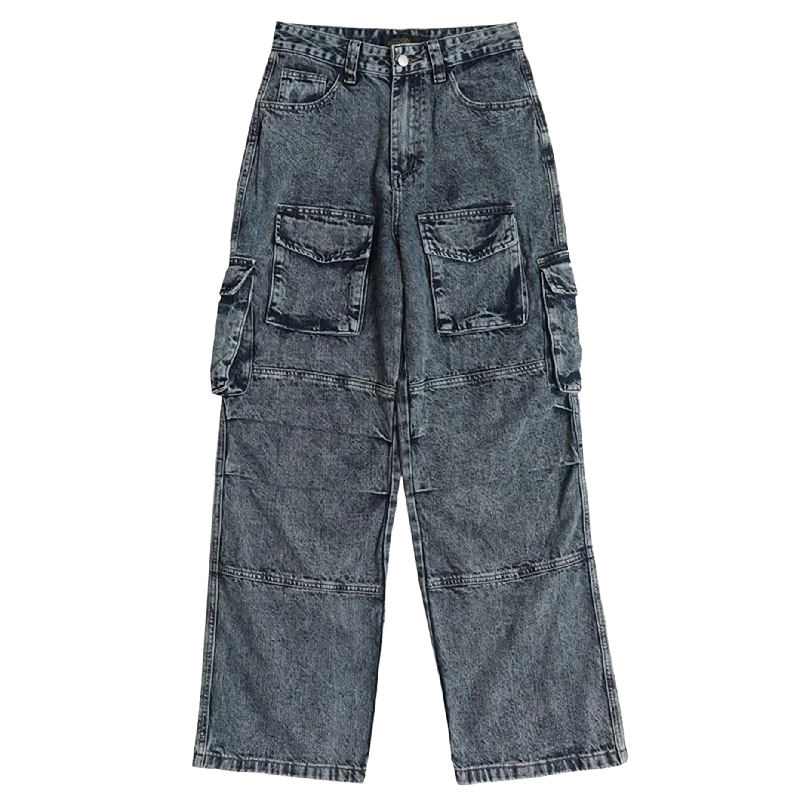 Vintage Wash Wide-Leg Cargo Denim Jeans