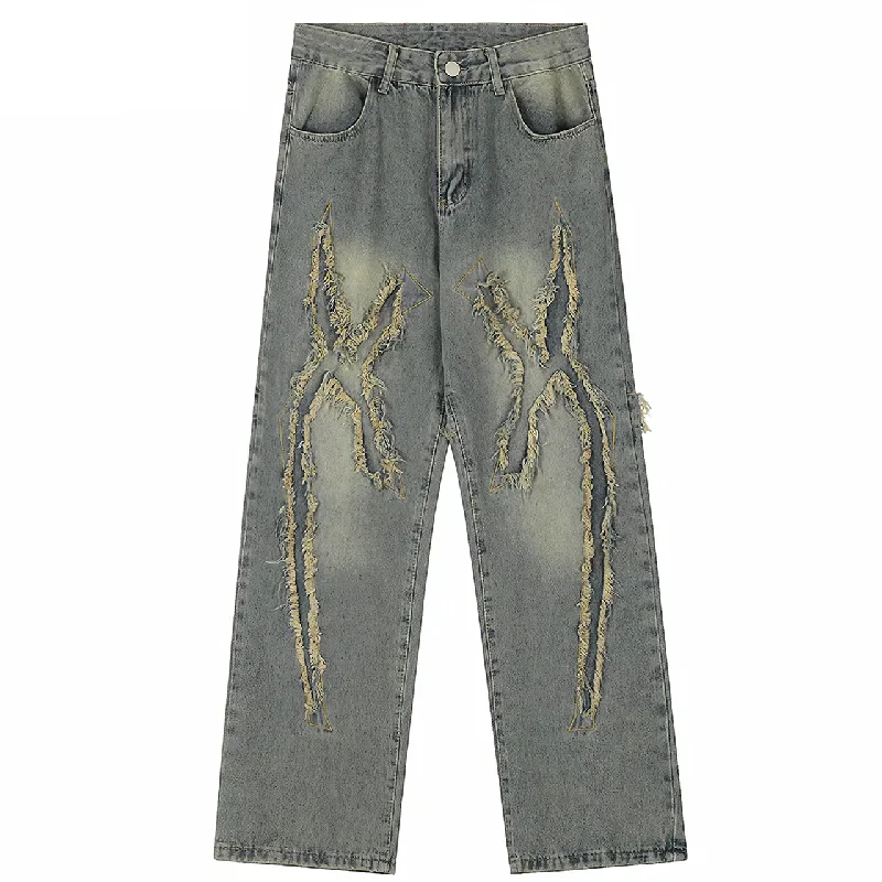 Distressed X-Pattern Wide-Leg Jeans