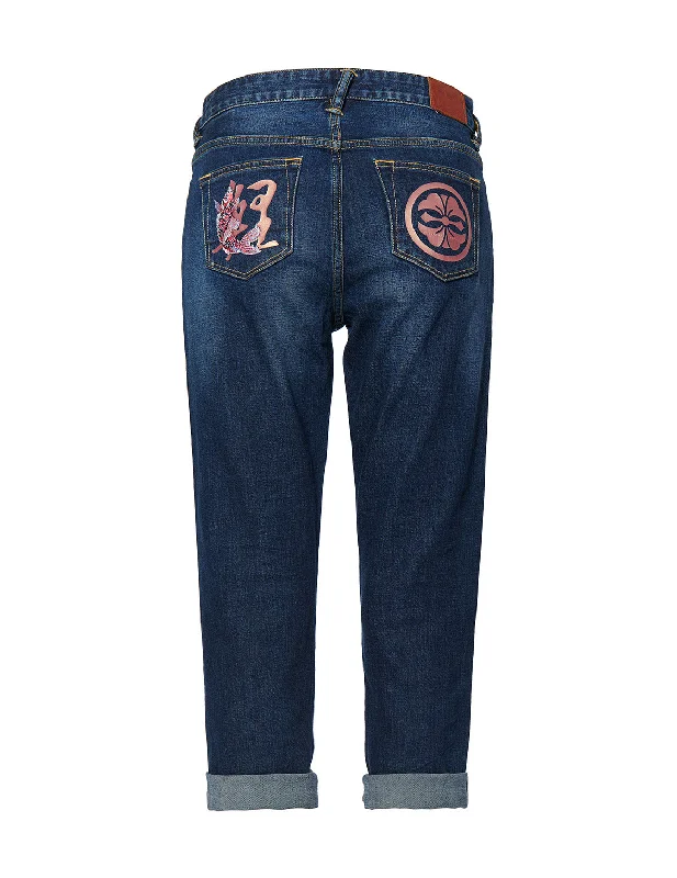 Straight-leg Denim Jeans with Kamon and Kanji Printed Pockets