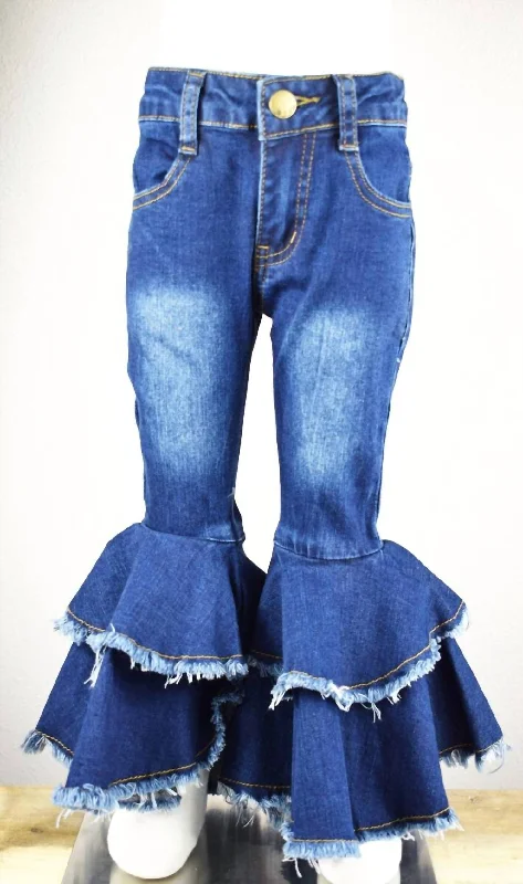 Girls Double Ruffled Bell Jeans In Light Denim