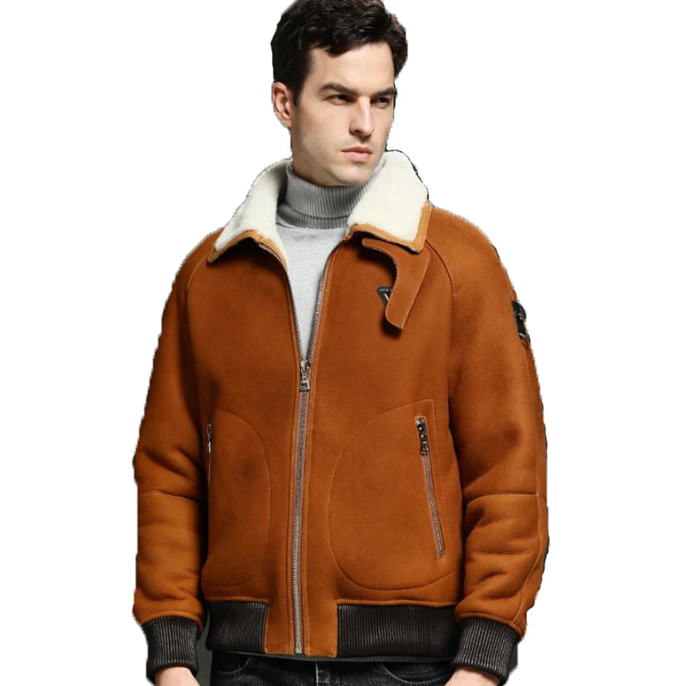 Shearling Sheepskin Leather Turn-down Fur Collar Loose Bomber Jacket for Men