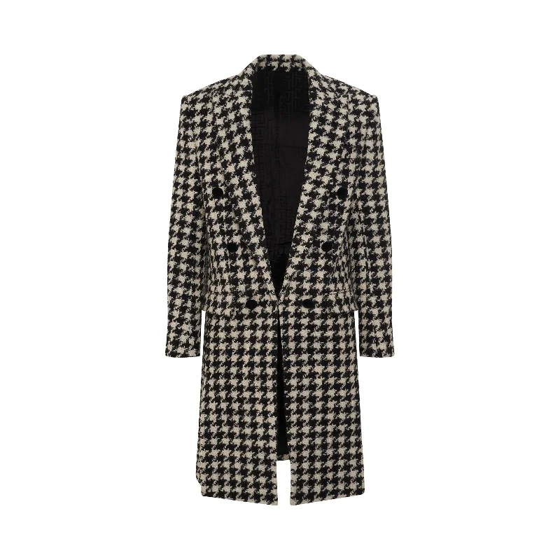 6 Button Houndstooth Tweed Coat in White/Black