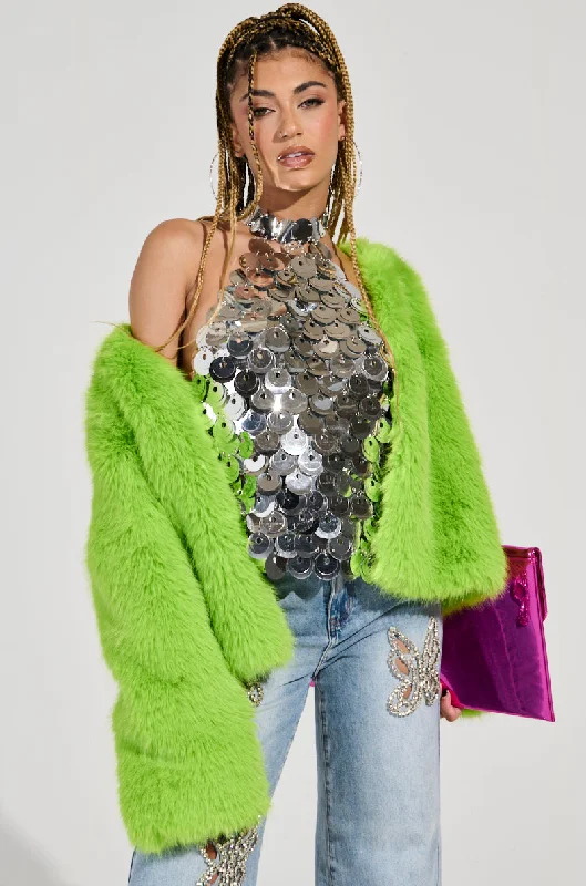 SLIME TIME FAUX FUR COAT IN LIME