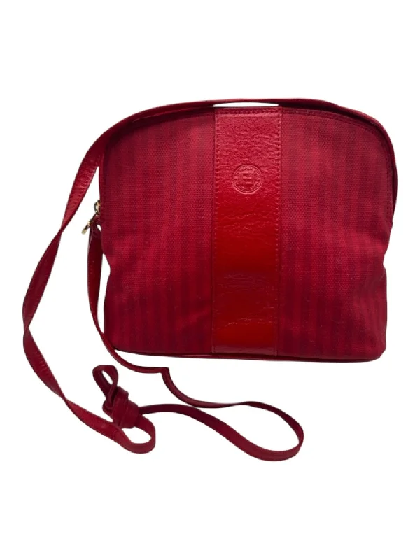 Fendi Red Coated Canvas & Leather Stripe Zip Top Crossbody Strap Bag