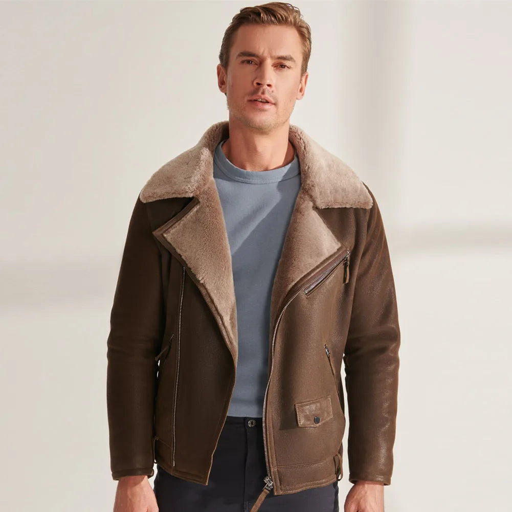 Men's Casual Turndown Collar Thick Shearling Lambskin Aviator Jacket