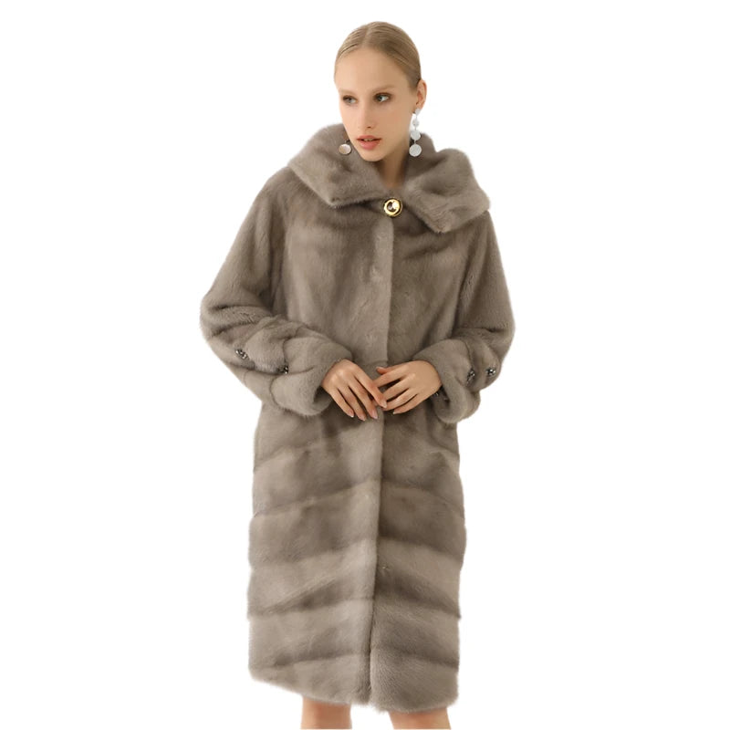 Women's Winter Luxury Genuine Leather Mink Fur Coat with Fur Hood