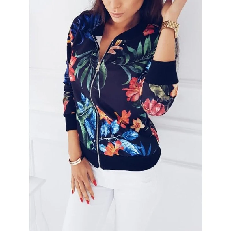 Ladies Retro Floral Zipper Up Bomber Jacket for Casual Autumn Outwear