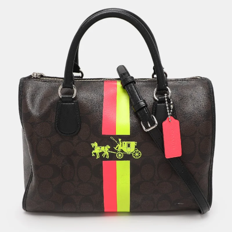 Coach Brown/black Signature Coated Canvas And Leather Carriage Print Satchel