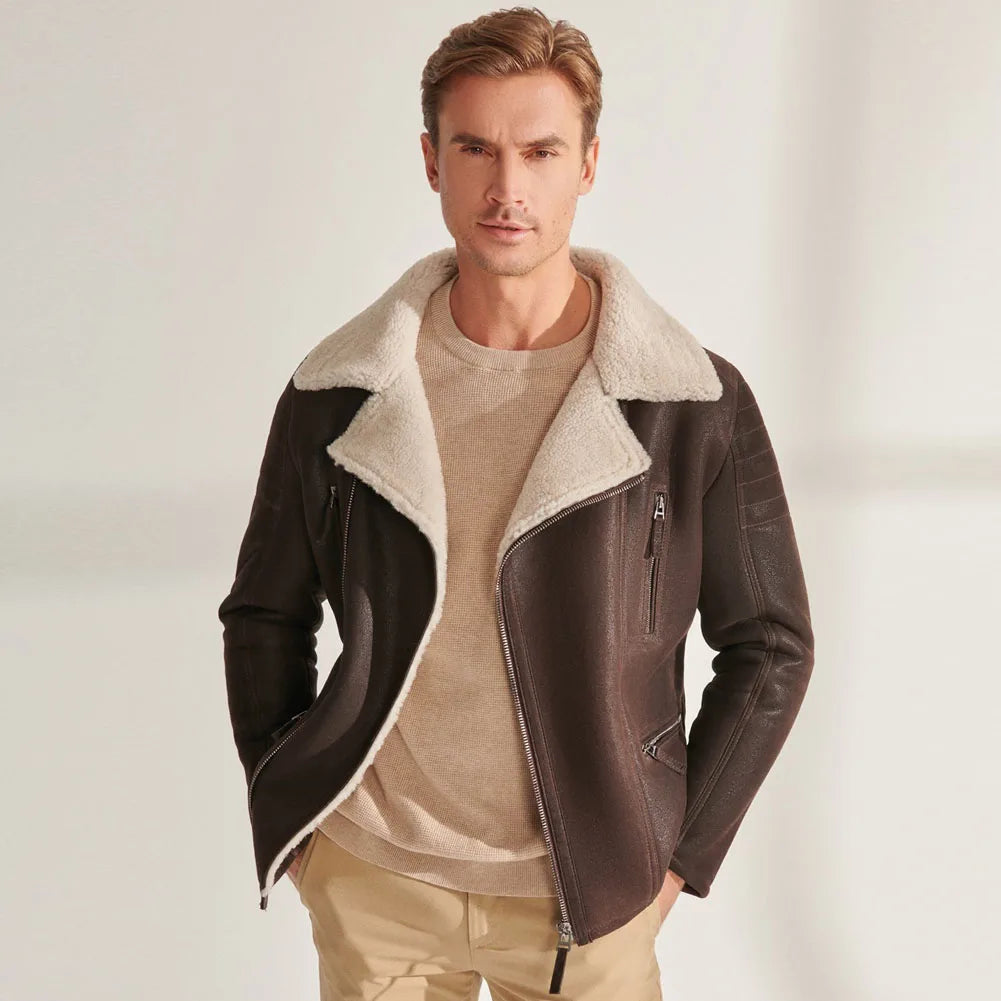 Men's Casual Style Brown Shearling Leather Wool Lined Aviator Jacket