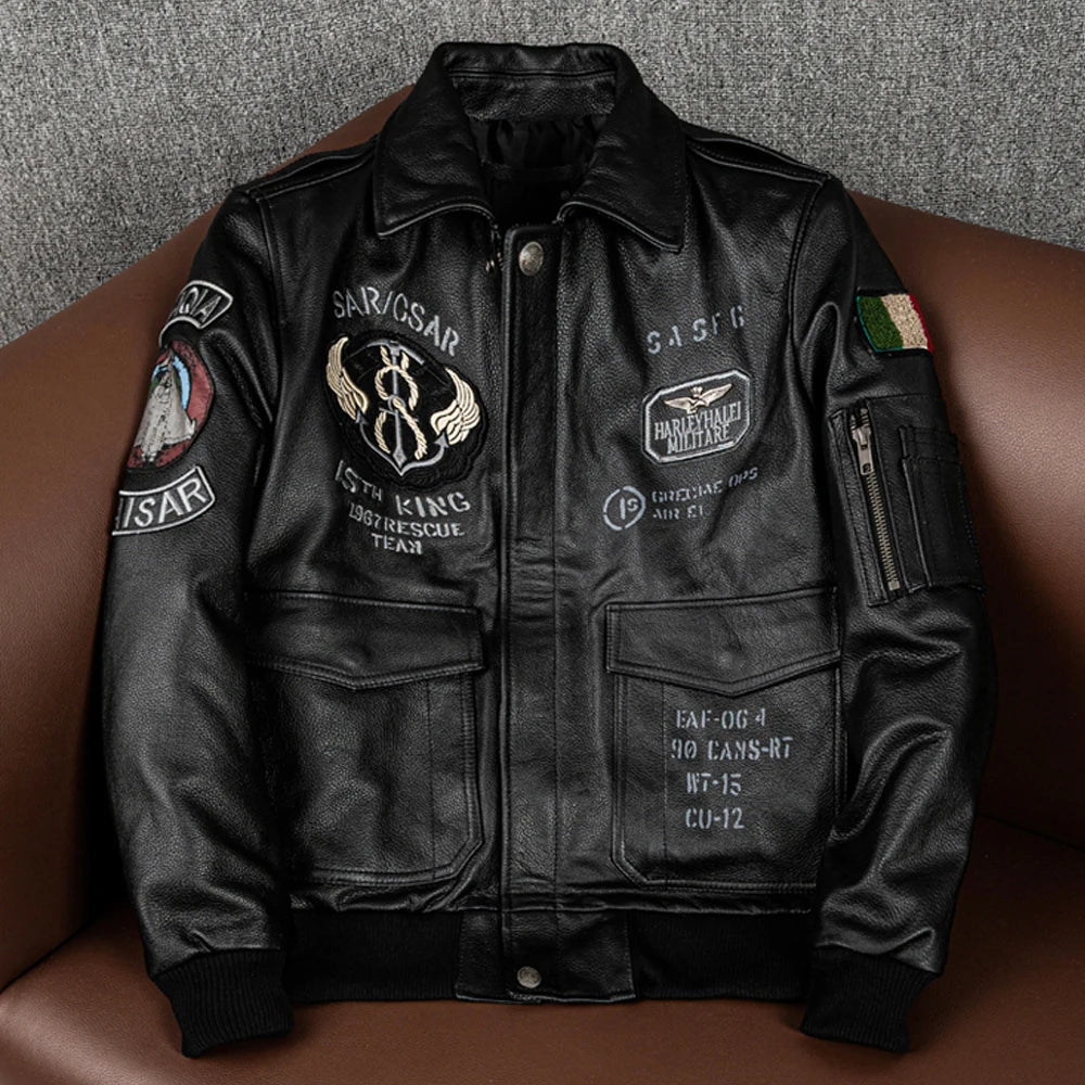 Men’s Genuine Cowhide Leather Embroidered Motorcycle Bomber Jacket