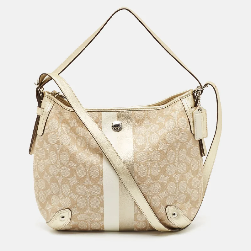 Coach Gold/beige Signature Coated Canvas And Leather Chelsea Heritage Stripe Hobo