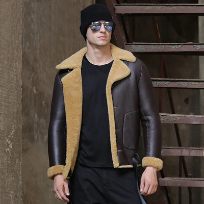 Men's Shearling Sheepskin Single-Breasted Turn-down Fur Collar Winter Jacket