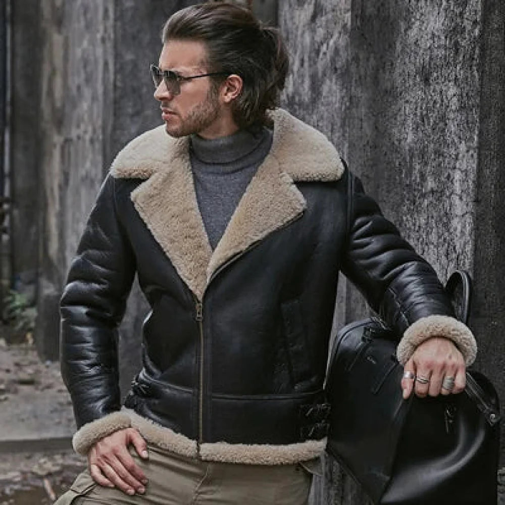 Men's Shearling Sheepskin Leather Fur Decor Wool Lined Winter Short Jacket