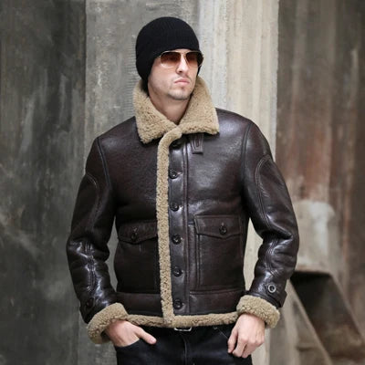 Men's Brown Color Shearling Sheepskin Leather Luxury Fur Decor Winter Jacket