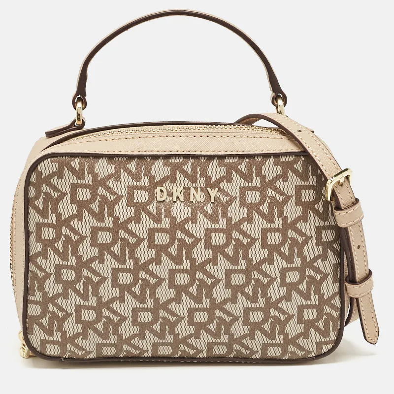 Dkny Beige Monogram Coated Canvas And Leather Top Handle Bag