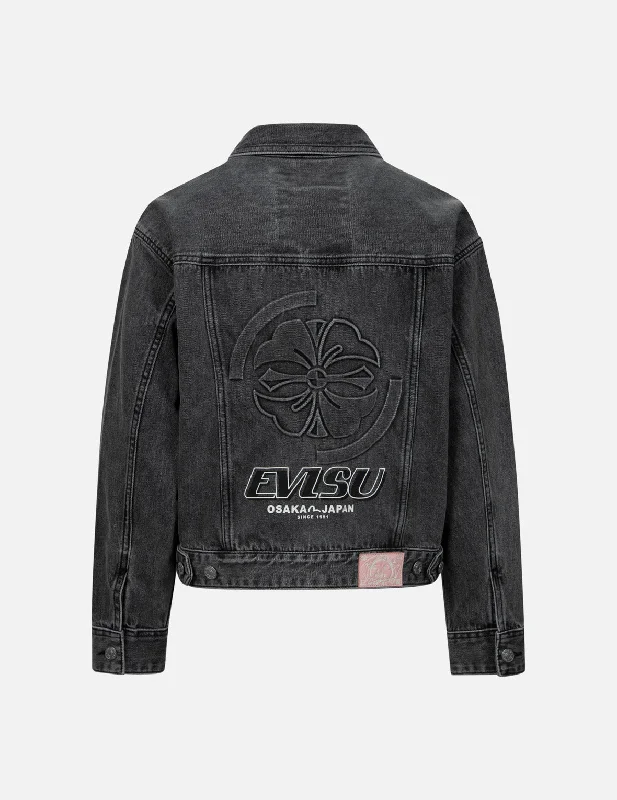 Seagull Embroidery and Kamon Embossed Print Loose Fit Denim Jacket