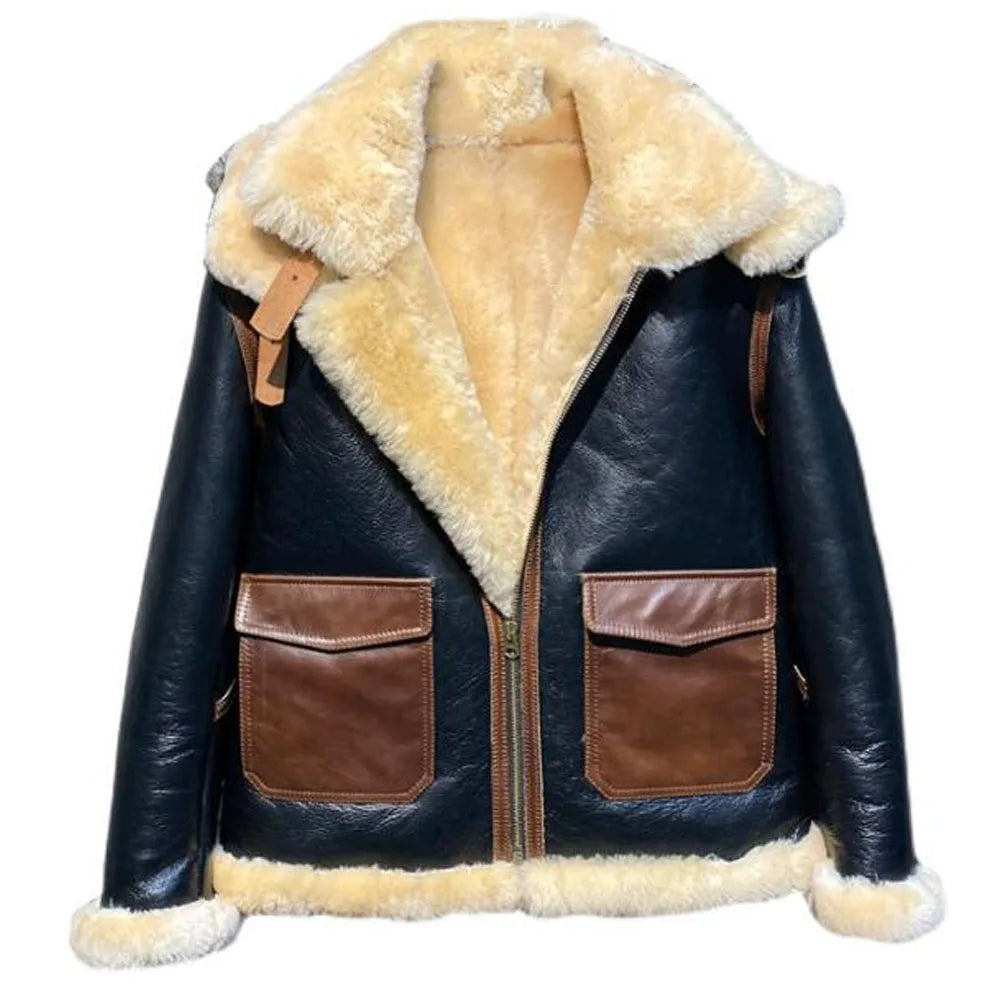 Black Genuine Leather Double Fur Collar Hooded Winter Jacket for Men