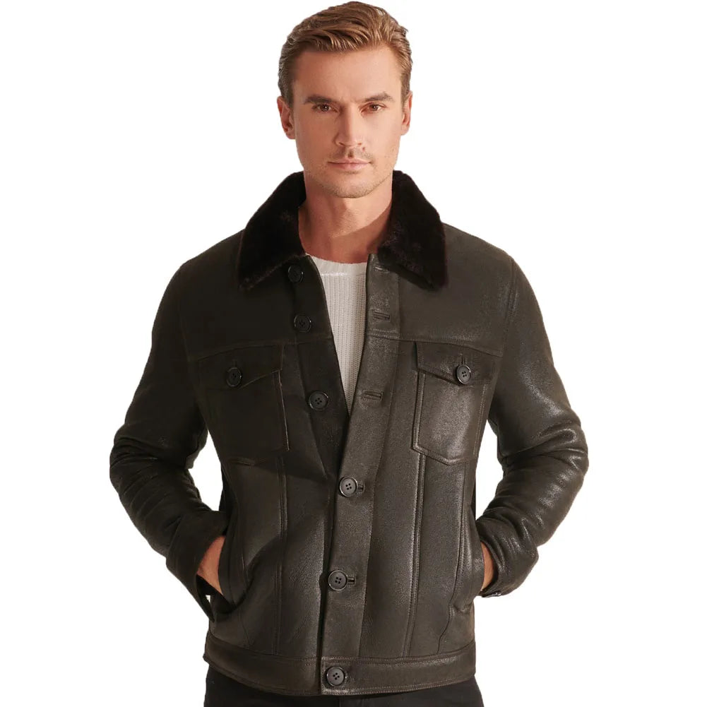 Men's Sheepskin Shearling Single-Breasted Turn-down Fur Collar Thick Jacket