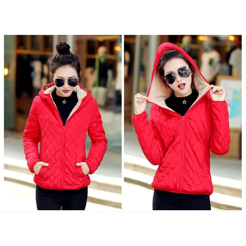 Women's Winter Hooded Fleece Solid Jacket Thin Outerwear with Zipper