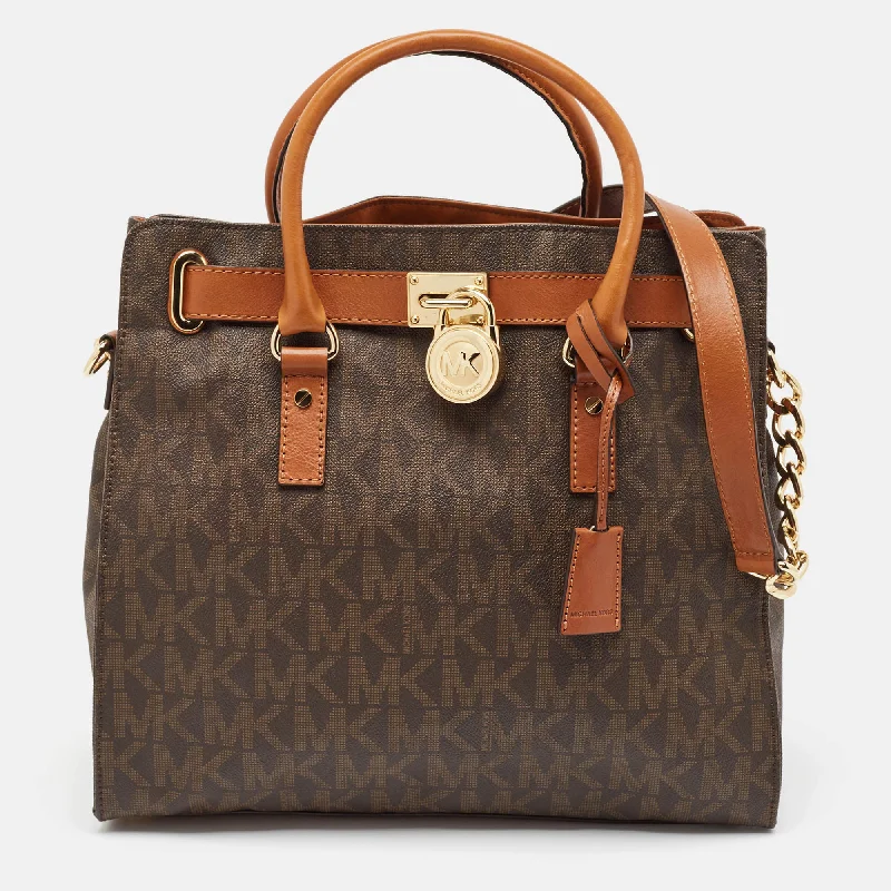 Michael Kors Brown Signature Coated Canvas And Leather Hamilton North South Tote