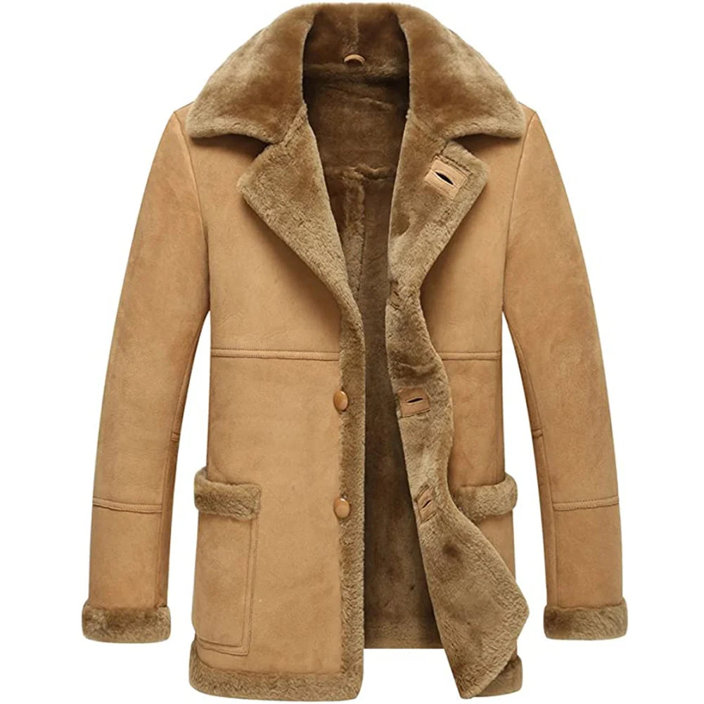 Men's Sheepskin Shearling Wool Lined Single Breasted Winter Jacket