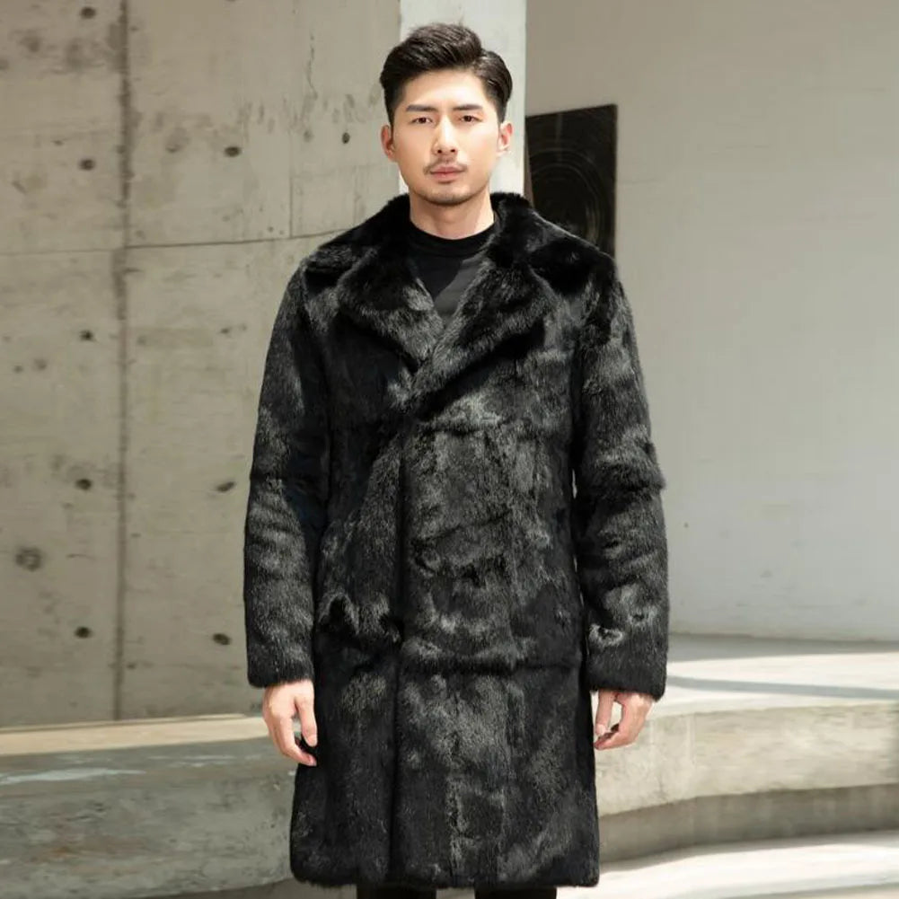 Mens Real Rabbit Fur Coat Leather Full Pelt Thick Winter Long Coat