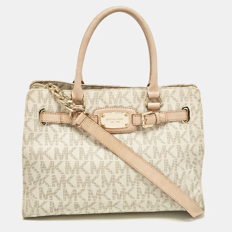 Michael Kors Beige/off White Signature Coated Canvas And Leather East/west Hamilton Tote