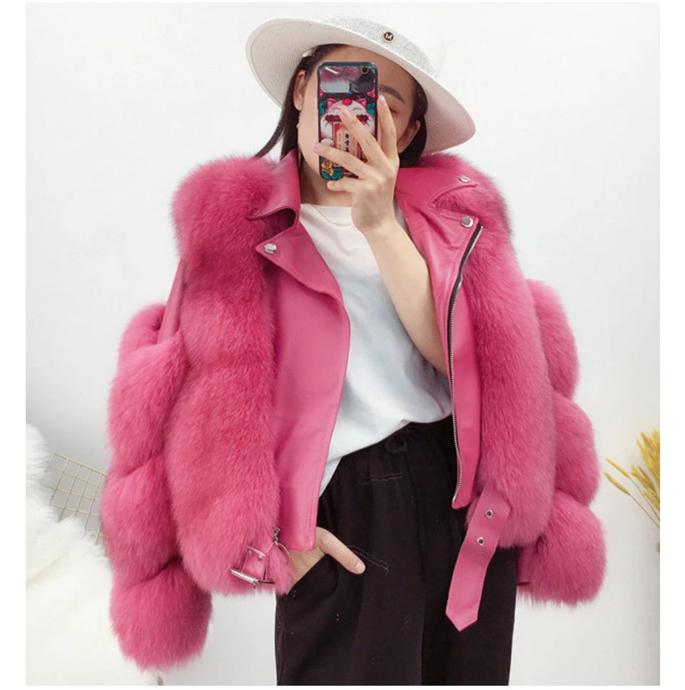 Women's Luxury Dark Pink Winter Real Fox Fur Genuine Sheepskin Leather Jacket