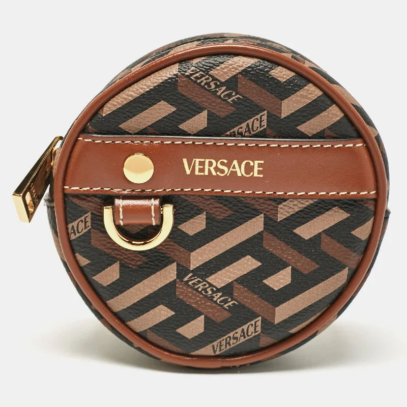 Versace Brown La Greca Signature Coated Canvas Modular Round Pouch