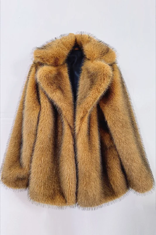 Fluffy Brown Notched Lapel Faux Fur Coat