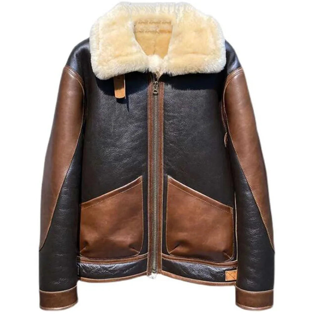 Winter Casual Style Turn-down Collar Genuine Leather Moto Biker Jacket