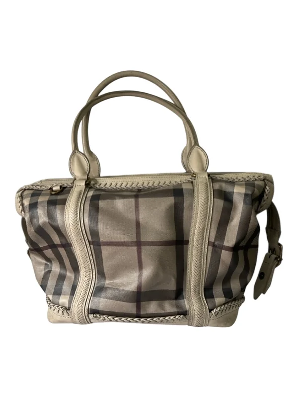 Burberry Taupe & Black Calf Leather Coated Canvas Tartan Plaid Whipstitch Bag