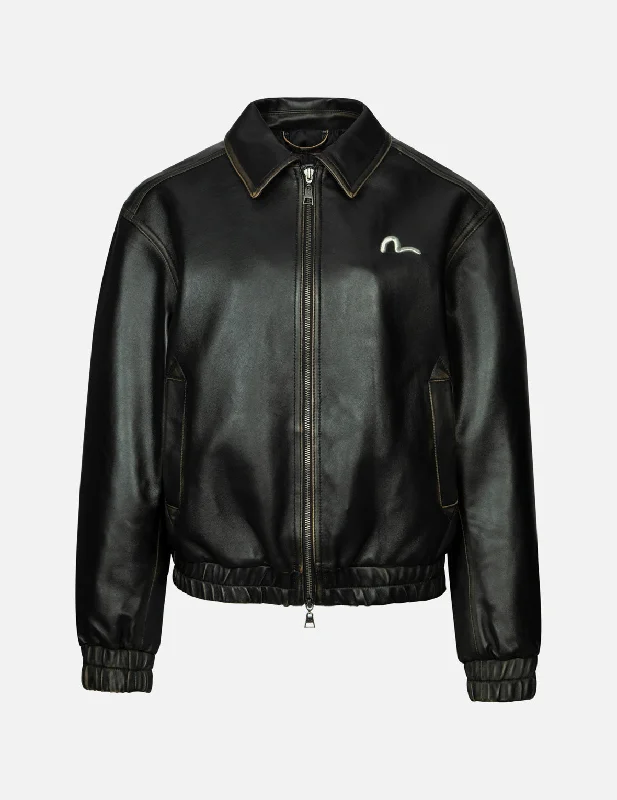 Seagull Embroidery and Logo Appliqué Fashion Fit Leather Jacket