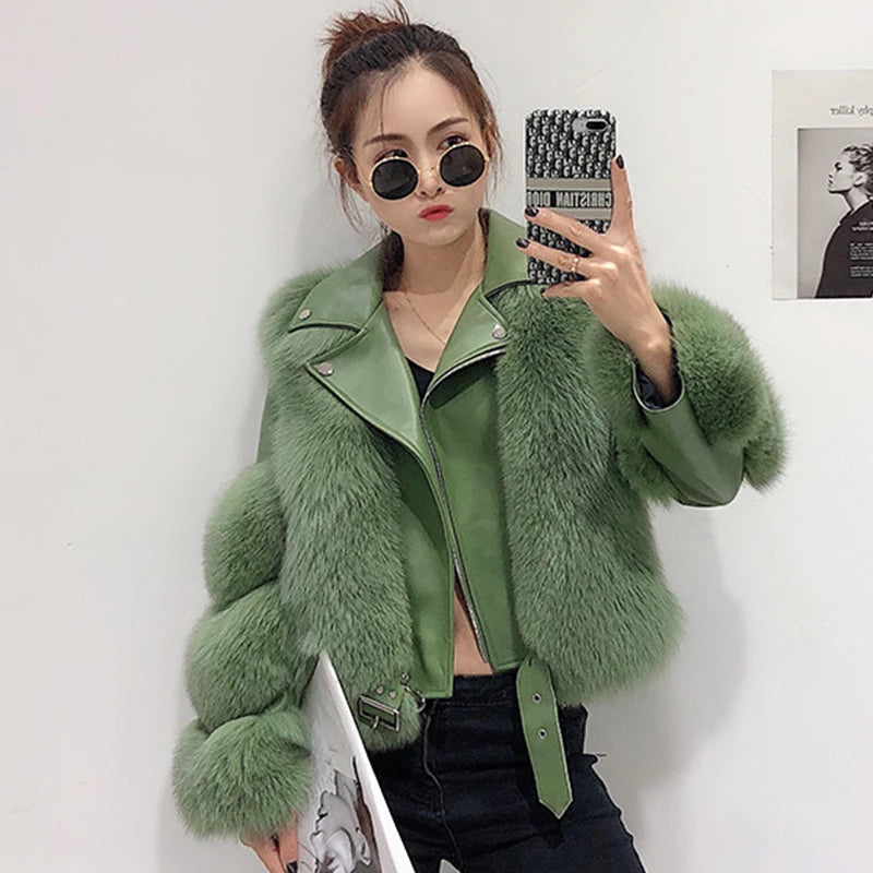 Women's Luxury Green Winter Real Fox Fur Genuine Sheepskin Leather Jacket