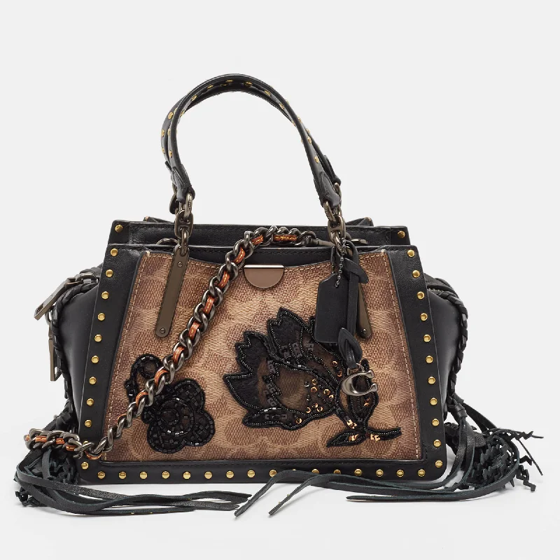 Coach Black/brown Signature Coated Canvas And Leather Dreamer Embellished Satchel