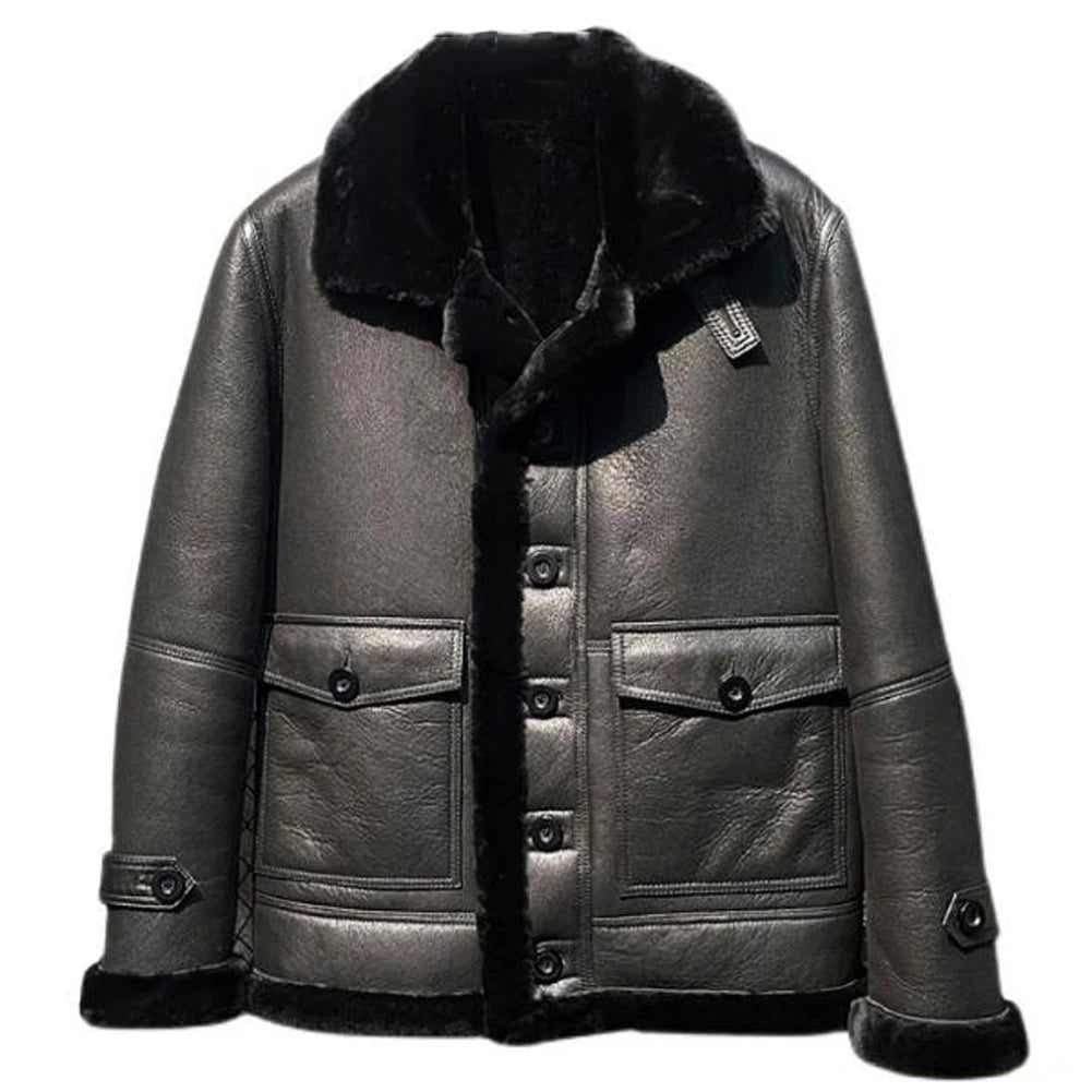 Men's Black Color Shearling Sheepskin Lapel Turn-down Collar Biker Winter Jacket