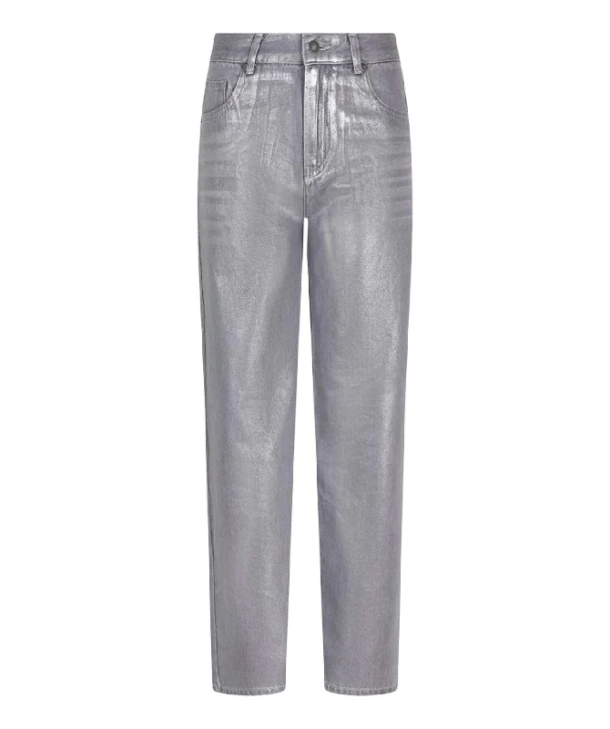 Metallic Coated Trousers In Silver