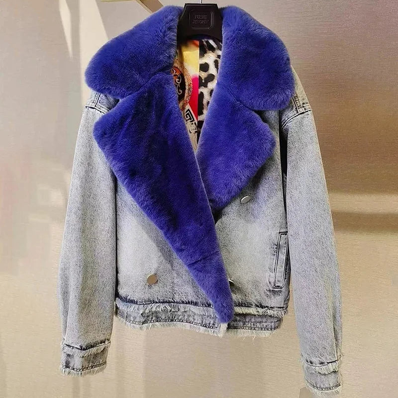 Luxury Real Fox Fur Collar Warm Winter Denim Jacket for Women