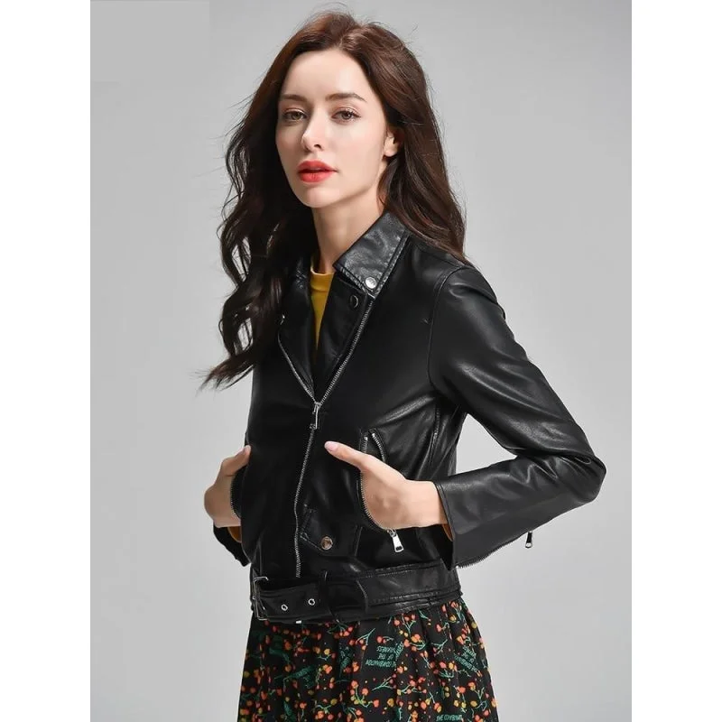 Black Synthetic Leather Short Punk Biker Jacket and Coat with Belt for Women