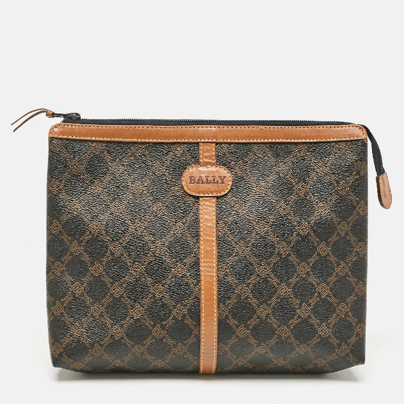 Bally Black/brown Monogram Coated Canvas And Leather Zip Pouch