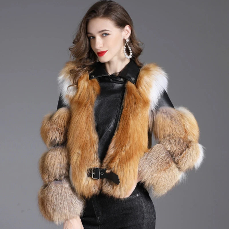 Women's Luxury Black Brown Winter Real Fox Fur Genuine Sheepskin Leather Jacket