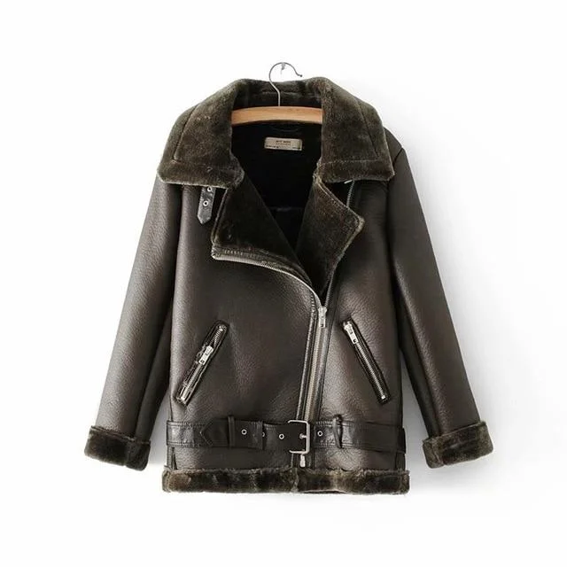 Women's Winter Motorcycle Velvet Jacket with Short Lapels and Thick Fur