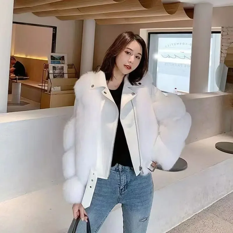 Women's Luxury White Winter Real Fox Fur Genuine Sheepskin Leather Jacket